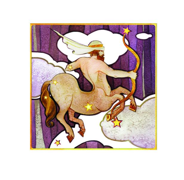 Ein Zentaur mit Pfeil und Bogen, umgeben von Wolken und Sternen.