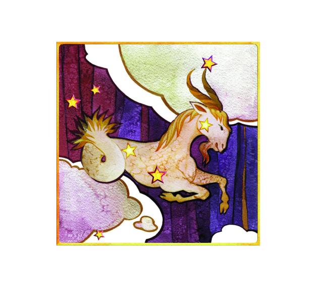 Eine stilisierte Darstellung des Sternzeichens Steinbock mit Sternen und Wolken.
