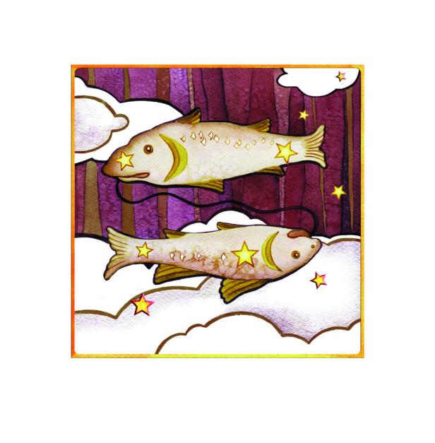 Zwei Fische mit Sternen schwimmen zwischen Wolken vor einem gestreiften Hintergrund.