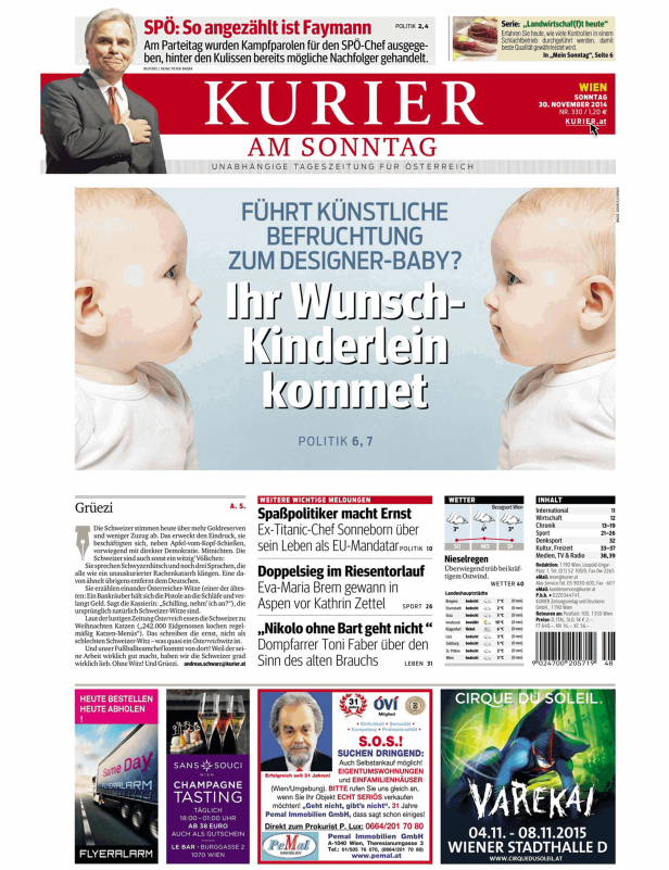 Titelseite des Kurier am Sonntag mit Artikeln über Politik, künstliche Befruchtung und mehr.