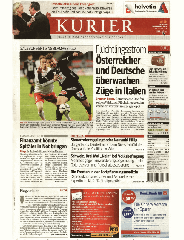 Titelseite des Kurier vom 1. Dezember 2014 mit Nachrichten zu Politik, Sport und Wirtschaft.