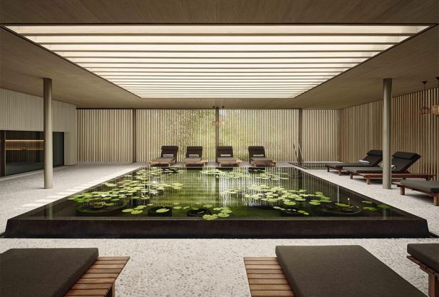 Ein Spa-Bereich mit Liegen und einem Wasserbecken mit Seerosenblättern.