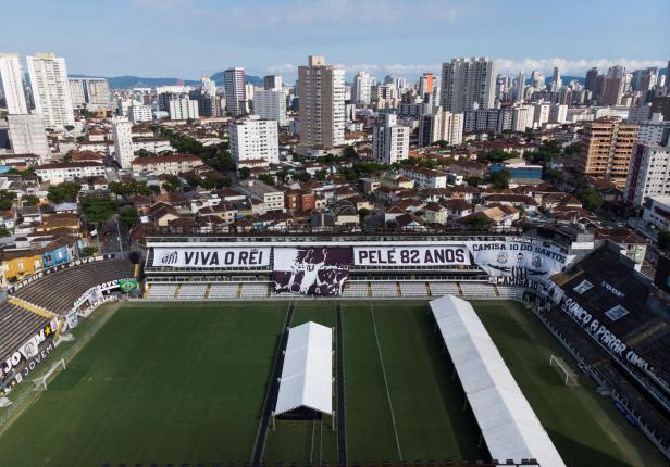 A view of the Vila Belmiro Stadium, where the wake for late Brazilian soccer legend Pele will be held, in Santos