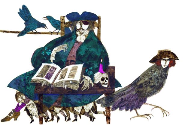 Einäugiger Mann im Piratenkostüm liest ein Buch, während zwei Raben zusehen und ein Vogelmensch daneben steht.