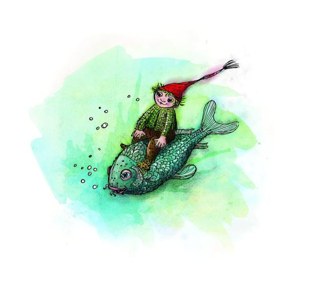 Ein kleiner Junge mit roter Mütze reitet auf einem großen Fisch unter Wasser.