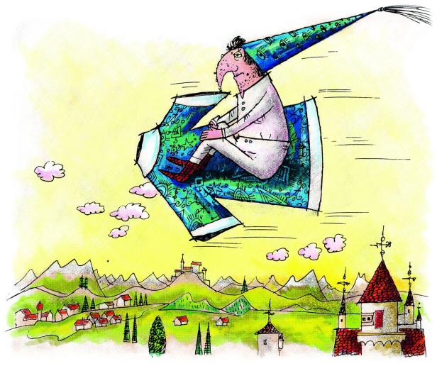 Ein Mann mit Schlafmütze reitet auf einem fliegenden Teppich über eine Landschaft.