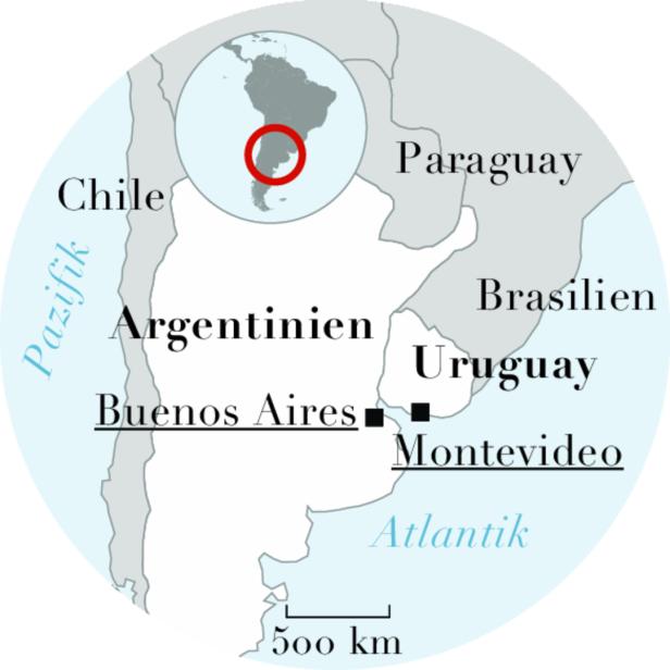 Eine Karte von Argentinien, Uruguay, Teilen von Brasilien, Paraguay und Chile.