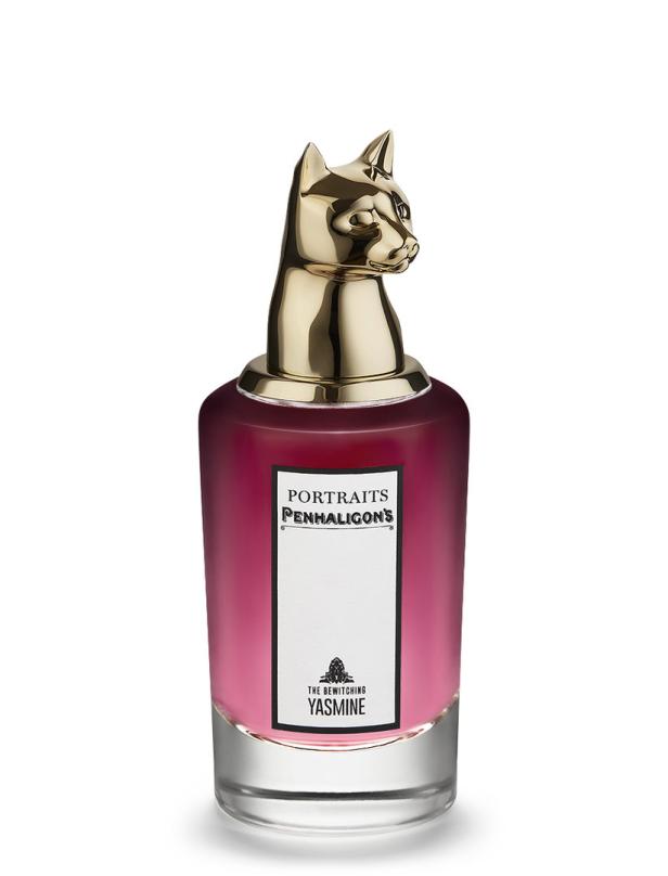 Eine Flasche „The Bewitching Yasmine“ Parfüm von Penhaligon's mit einem goldenen Katzenkopf als Verschluss.