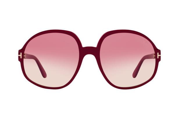 Eine rote Tom Ford Sonnenbrille mit Farbverlauf auf weißem Hintergrund.