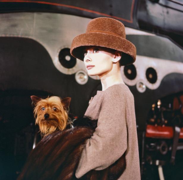 Audrey Hepburn mit einem braunen Hut und einem kleinen Hund im Arm.
