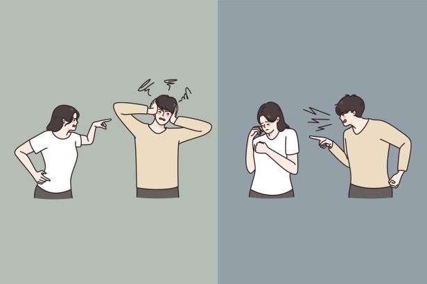 Illustration eines Paares, das sich streitet und unterschiedliche Reaktionen zeigt.