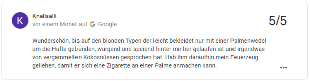 Ein Google-Review von Knallsalli, der von einem seltsamen Erlebnis mit einem leicht bekleideten Mann berichtet.