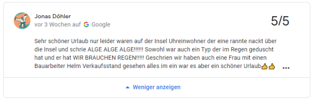 Eine Google-Rezension von Jonas Döhler über einen Urlaub.