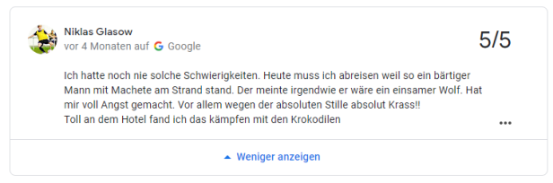 Eine Google-Rezension über ein Hotel, in der von einem bärtigen Mann mit Machete und Krokodilen die Rede ist.