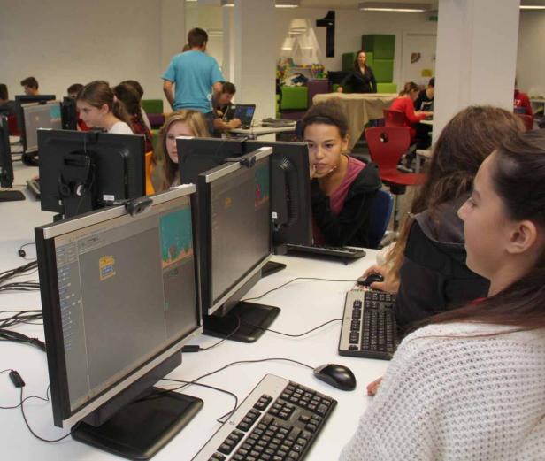 Schüler arbeiten in einem Computerraum an ihren Bildschirmen.