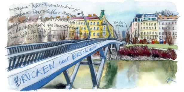Eine Aquarellzeichnung einer Brücke mit dem Schriftzug „Brücken über Brücken…“.