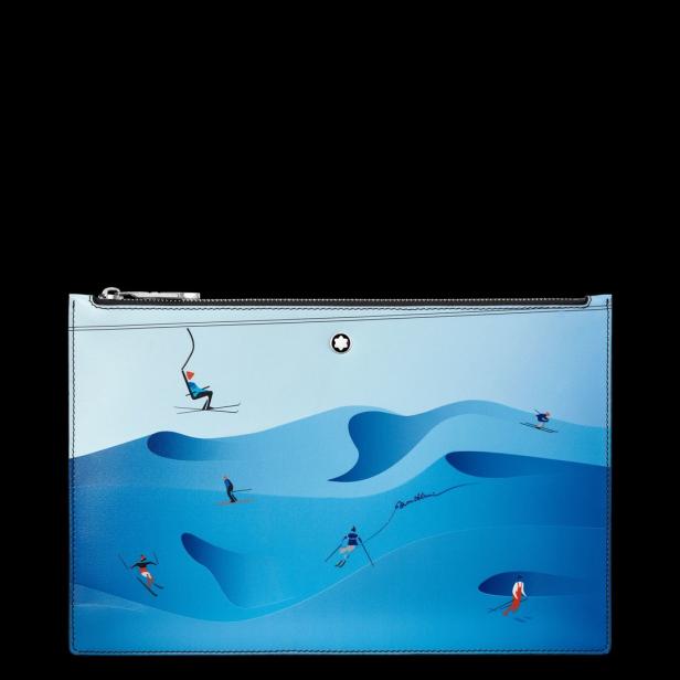 Eine Montblanc-Tasche mit einer Illustration einer verschneiten Berglandschaft und Skifahrern.