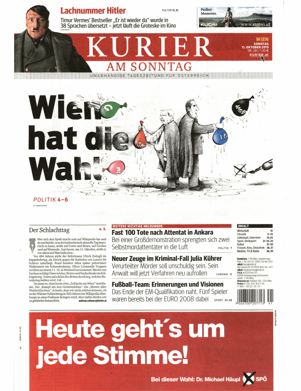 Titelseite des „Kurier am Sonntag“ vom 11. Oktober 2015 mit der Schlagzeile „Wien hat die Wahl!".