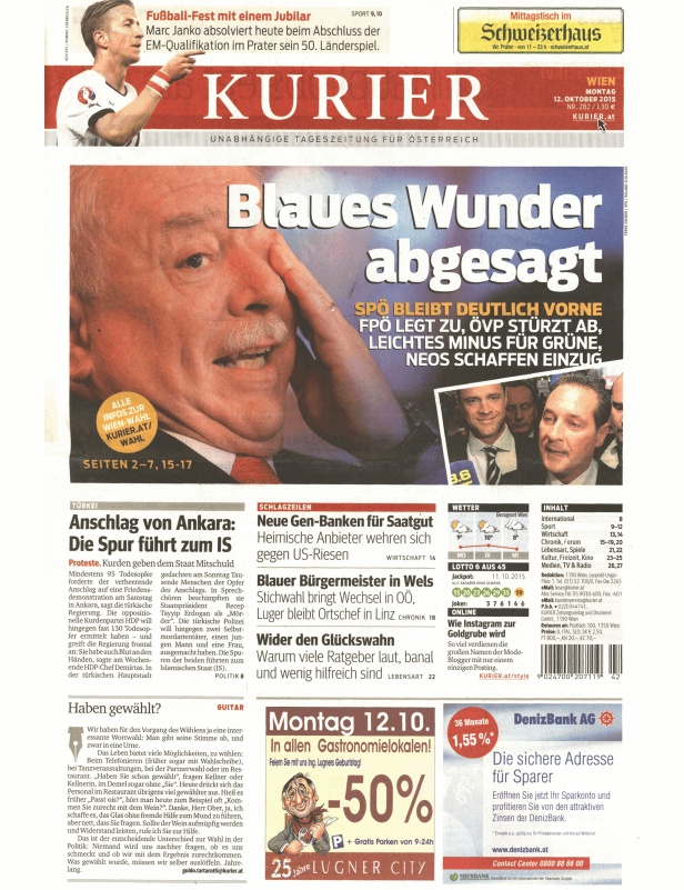 Titelseite der Zeitung „Kurier“ vom 12. Oktober 2015 mit diversen Nachrichten und Artikeln.