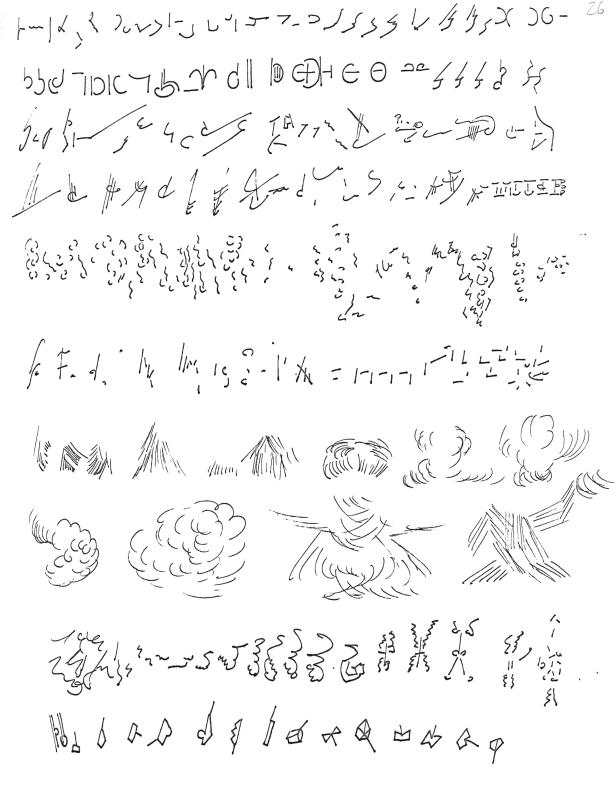 Eine Kritzelei mit verschiedenen Symbolen, Buchstaben und Wolken.