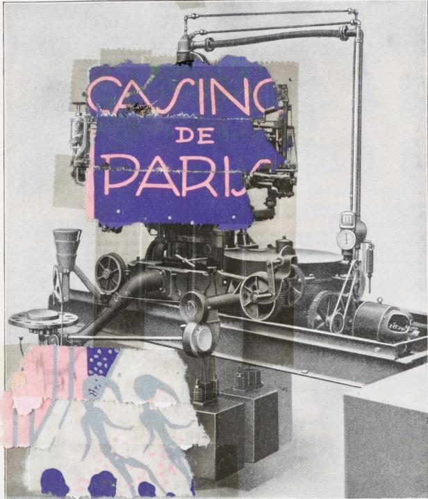 Eine Collage mit einer Maschine und dem Schriftzug „Casino de Paris“.