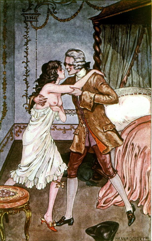 Eine Frau im Nachthemd umarmt einen Mann im historischen Kostüm in einem Schlafzimmer.