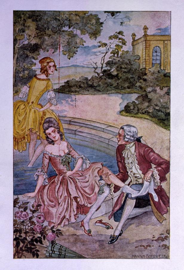 Eine Szene im Rokoko-Stil mit einem Mann, der einer Frau am Brunnen den Strumpf anzieht, während eine andere Frau zusieht.