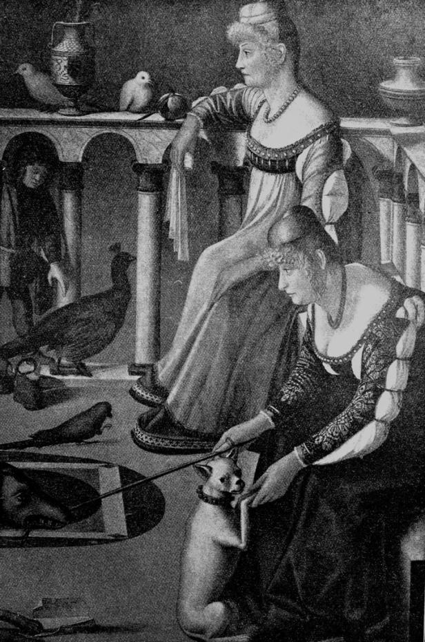 Zwei Frauen in Renaissance-Kleidung mit einem kleinen Hund und verschiedenen Vögeln.