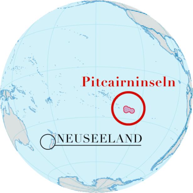 Eine Weltkarte zeigt die Lage der Pitcairninseln im Pazifik.