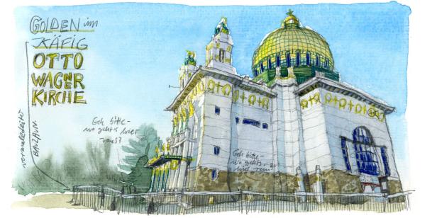 Eine Aquarellzeichnung der Otto-Wagner-Kirche in Wien.
