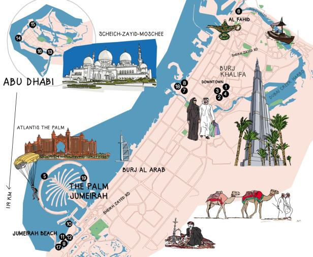 Eine illustrierte Karte von Abu Dhabi und Dubai mit Sehenswürdigkeiten wie der Scheich-Zayid-Moschee und dem Burj Khalifa.