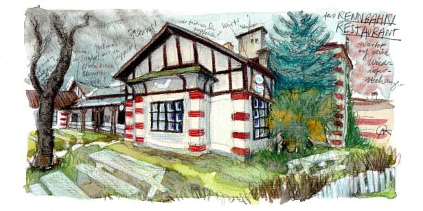 Aquarellzeichnung des Rennbahn Restaurants mit Biergarten.