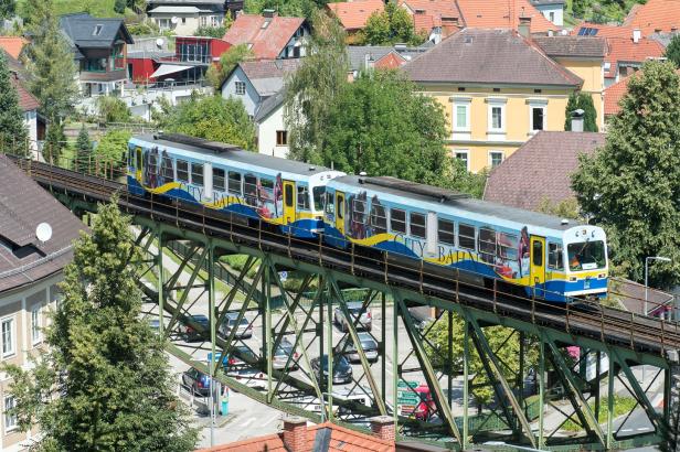 Ein Zug fährt über eine Brücke in einer Stadt, umgeben von modernen Gebäuden und urbaner Landschaft.