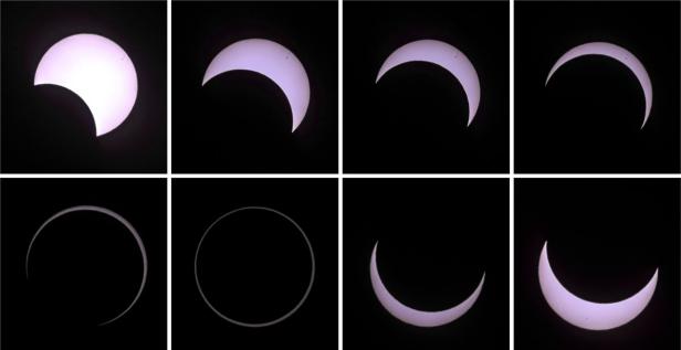 Eine Reihe von Bildern, die eine Sonnenfinsternis in verschiedenen Phasen zeigen.