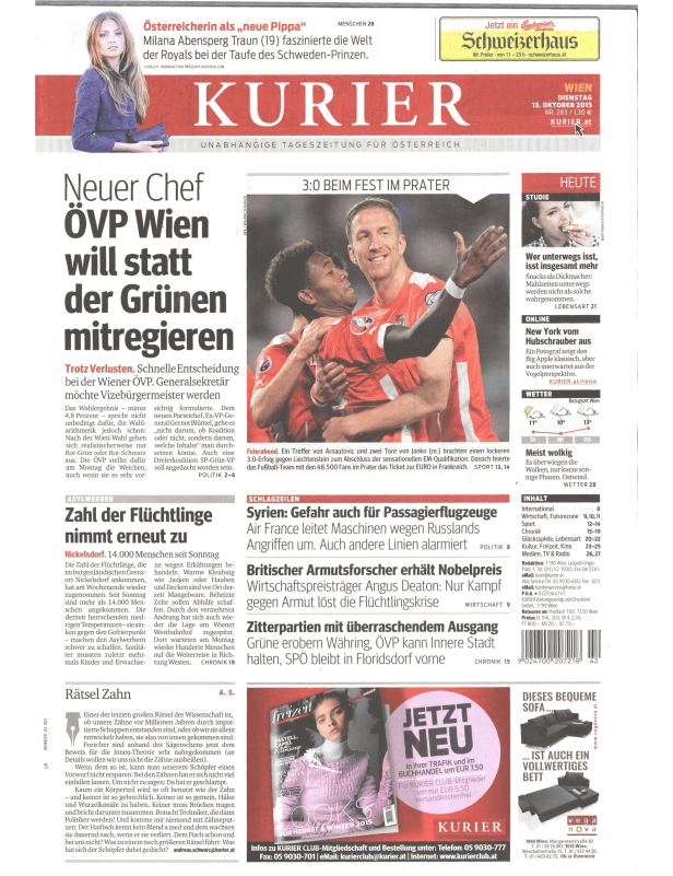 Titelseite des Kurier vom 13. Oktober 2015 mit verschiedenen Artikeln und Anzeigen.