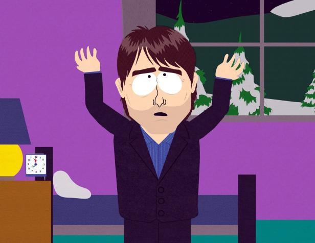Eine stilisierte Karikatur von Tom Cruise mit erhobenen Händen in einem Schlafzimmer.