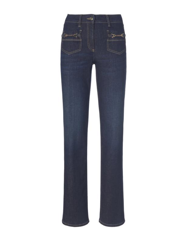 Eine blaue Jeans mit geradem Bein und dekorativen Taschen.