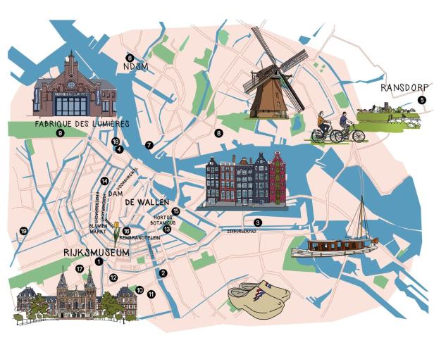 Eine illustrierte Karte von Amsterdam mit Sehenswürdigkeiten wie dem Rijksmuseum und der Fabrique des Lumières.