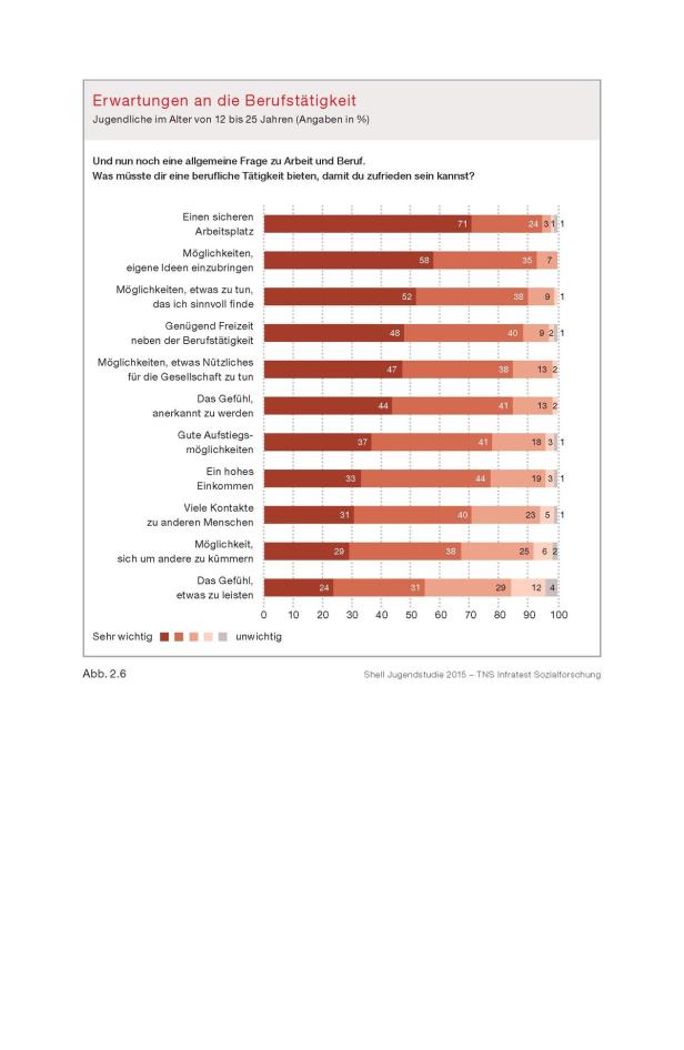 Eine Grafik zeigt die Erwartungen Jugendlicher an die Berufstätigkeit in Bezug auf Arbeitsplatz, Freizeit und Einkommen.