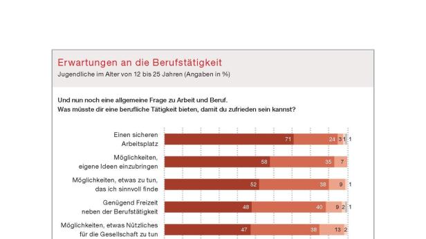 Eine Umfrage zeigt die Erwartungen Jugendlicher (12-25 Jahre) an ihre Berufstätigkeit.