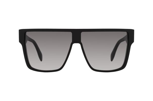 Eine schwarze, rechteckige Sonnenbrille mit grau getönten Gläsern.