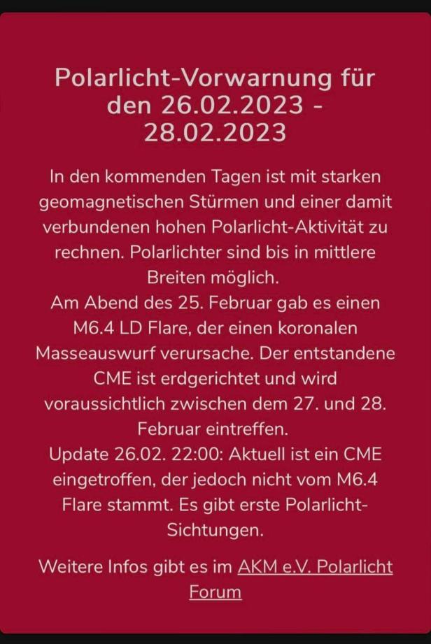 Eine Polarlicht-Vorwarnung für den 26.02.2023 - 28.02.2023.