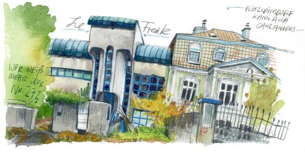 Aquarellzeichnung von zwei ungewöhnlichen Häusern in Plötzleinsdorf.