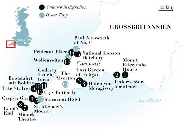Eine Karte von Cornwall, Großbritannien, mit hervorgehobenen Sehenswürdigkeiten und Hotel-Tipps.