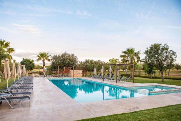Ein rechteckiger Pool mit Liegestühlen und Sonnenschirmen in einer grünen Landschaft.