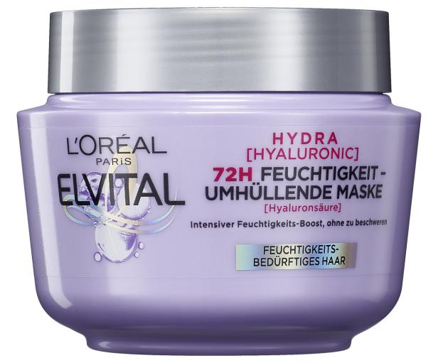 Ein Tiegel der L'Oréal Elvital Hydra Hyaluron Feuchtigkeitsmaske für 72 Stunden Feuchtigkeit.