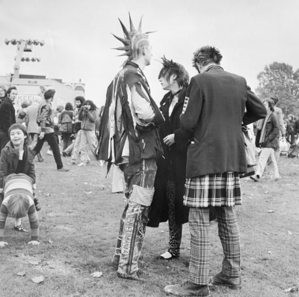 Eine Gruppe von Punks unterhält sich auf einer Wiese, während im Hintergrund Menschen stehen.