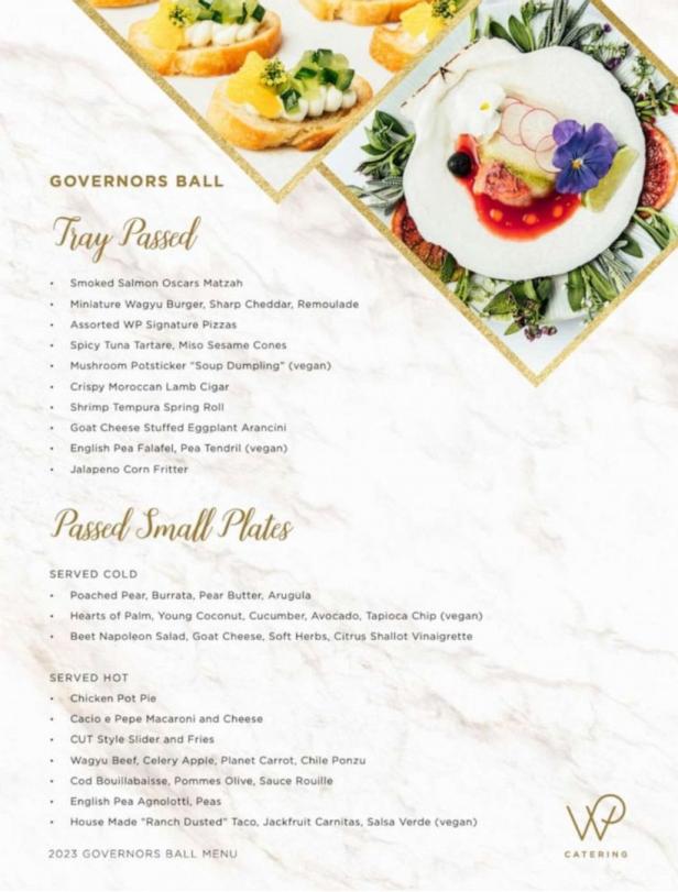 Ein Menü des Governors Ball 2023 mit einer Auswahl an Speisen wie Pizza und Wagyu-Burger.