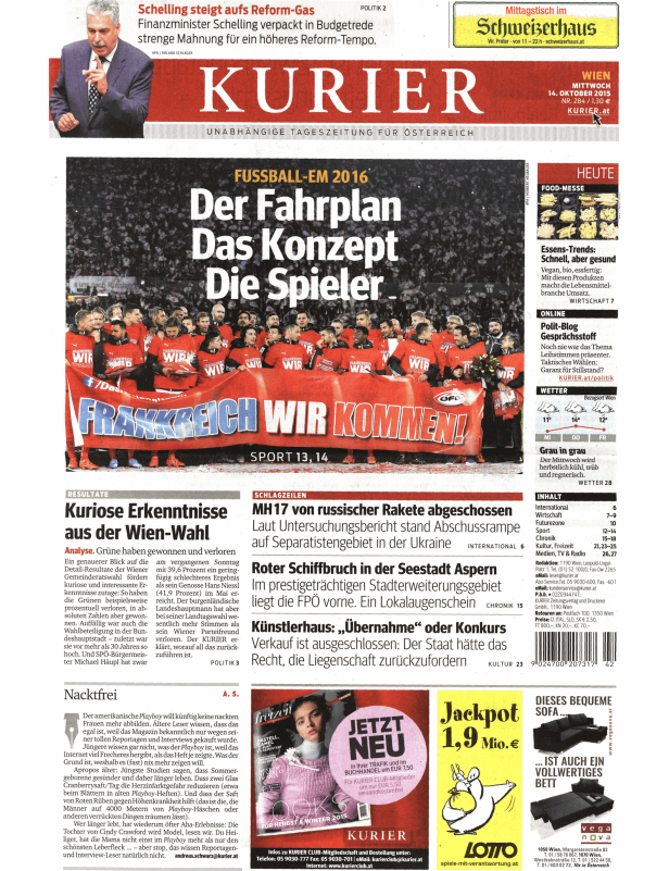 Titelseite des Kurier vom 14. Oktober 2015 mit dem Titel „Der Fahrplan, das Konzept, die Spieler“ zur Fußball-EM 2016.