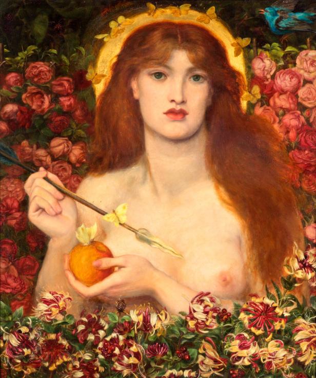 Eine Frau mit roten Haaren hält einen Apfel und einen Pfeil in einem Garten voller Blumen.